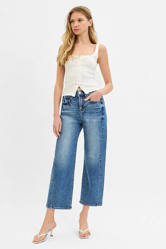 RISEN High Rise Cropped Barrel Adjustable Waist Band Jeans - Tigbul's Variety Fashion Shop