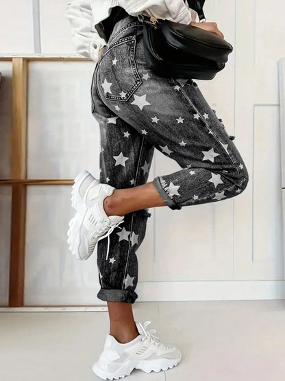 Star Print Distressed High Waist Boyfriend Jeans - Tigbul's Variety Fashion Shop