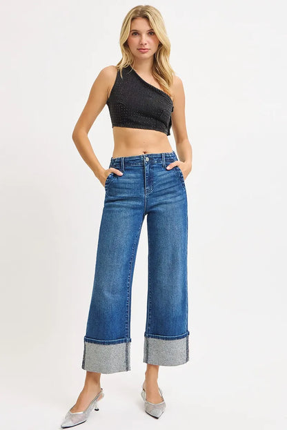 RISEN High Rise Ankle Wide Rhine Stone Cuffed Jeans - Tigbul's Variety Fashion Shop