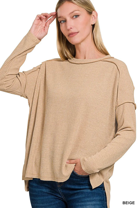 Zenana Ribbed Drop Shoulder Round Neck Sweater - Tigbul's Variety Fashion Shop