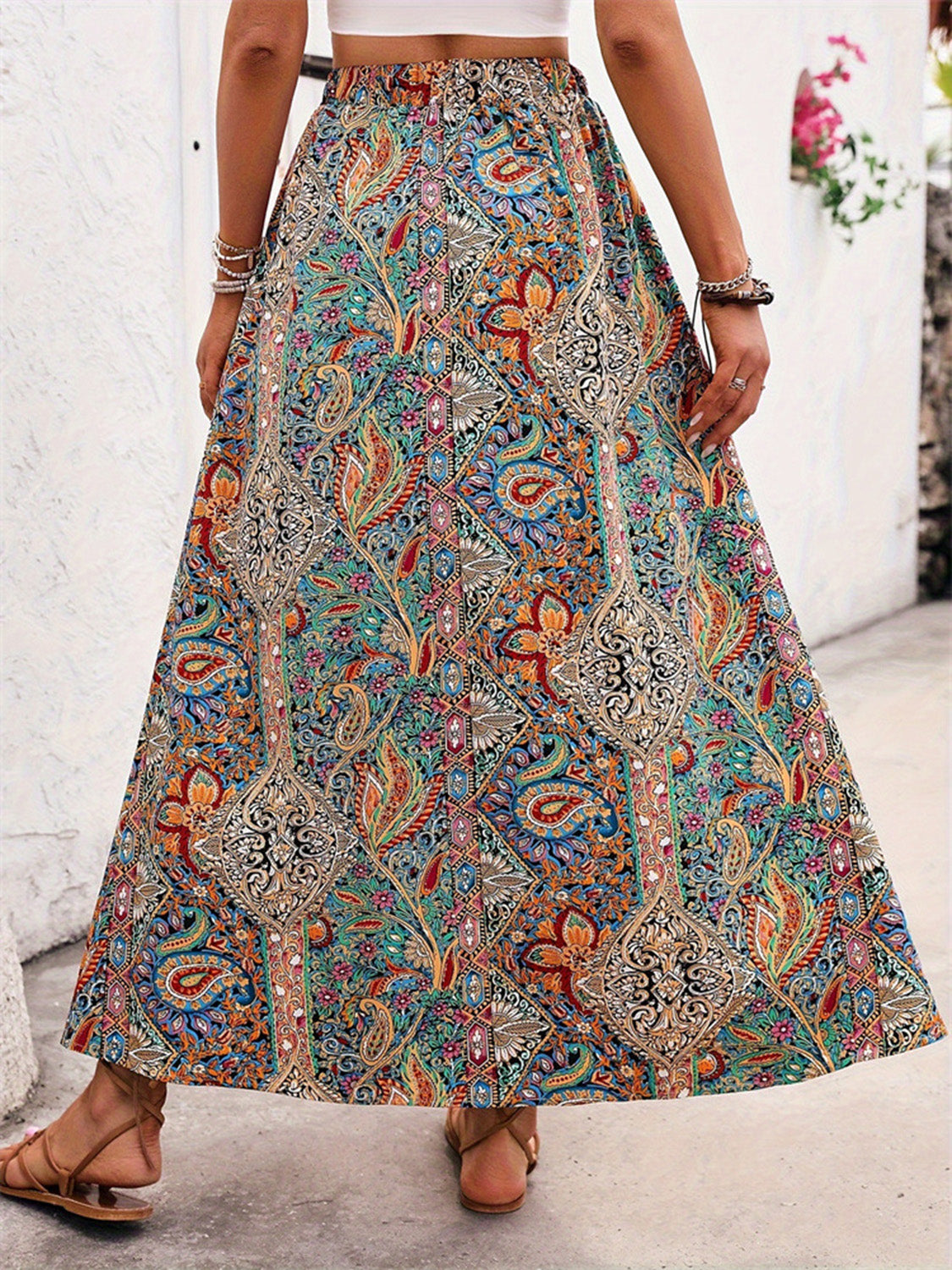 Slit Printed Elastic Waist Skirt - Tigbul's Variety Fashion Shop