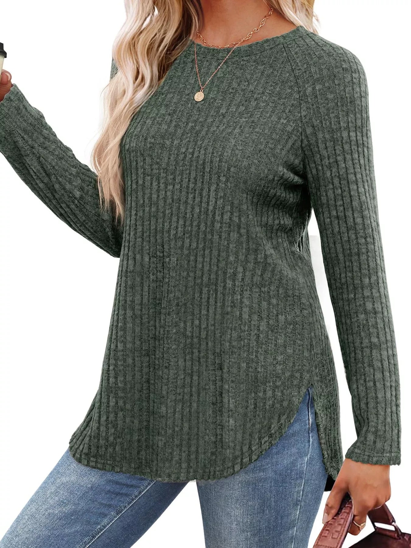Ribbed Knit Long Sleeve T-Shirt - Tigbul's Variety Fashion Shop