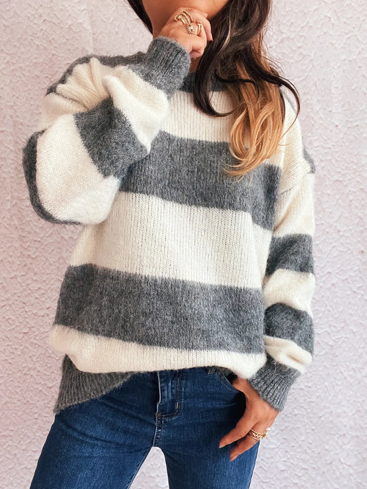 Striped Contrast Long Sleeve Sweater - Tigbul's Variety Fashion Shop