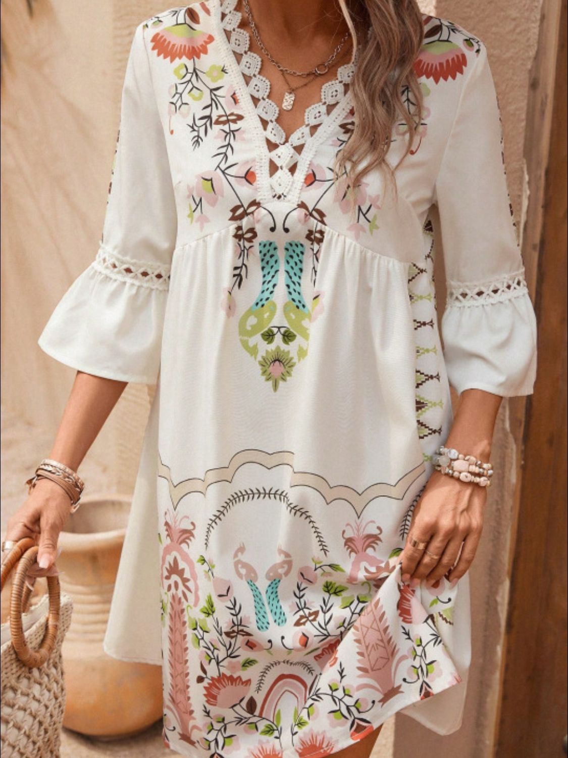 Lace Detail Printed Three-Quarter Sleeve Dress - Tigbul's Variety Fashion Shop