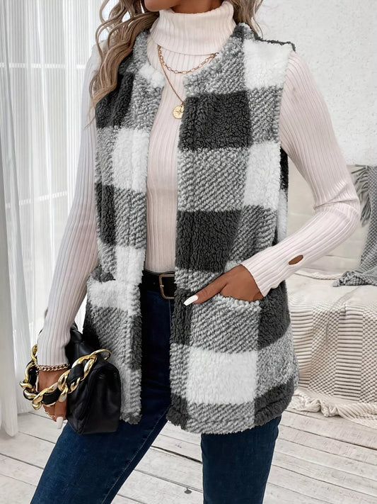 Plaid Sherpa Vest Coat with Pockets - Tigbul's Variety Fashion Shop
