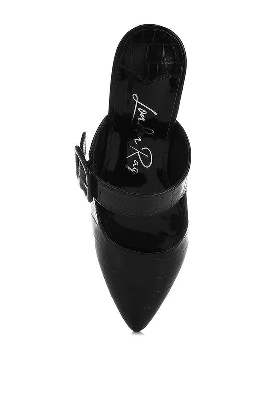 Black croc mule open-back view with sling buckle strap and pointed toe