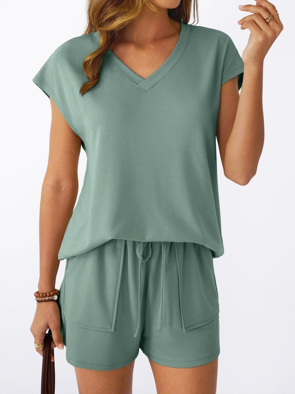 Light green V-neck t-shirt and drawstring shorts set, relaxed fit