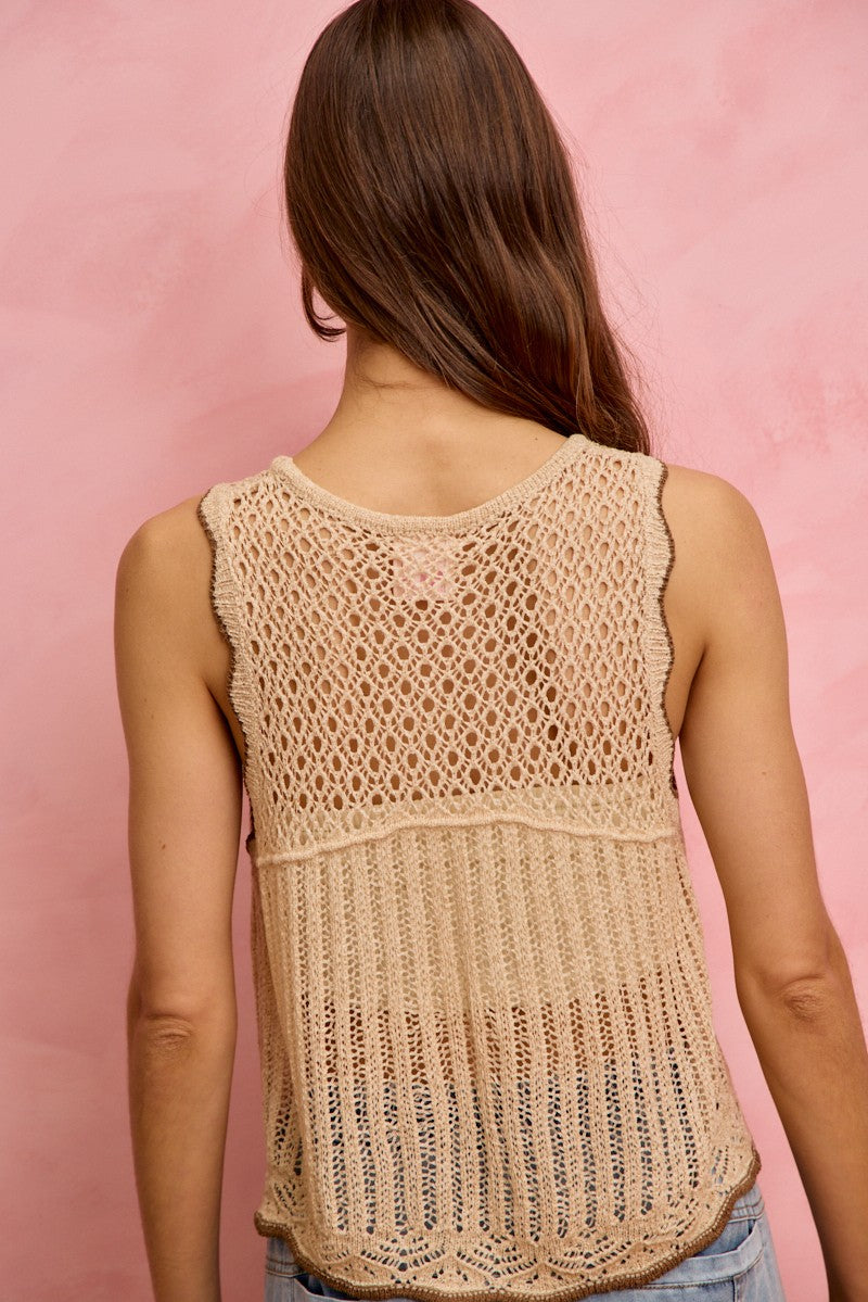 OATMEAL crochet lace light sweater vest, sleeveless open knit back yoke