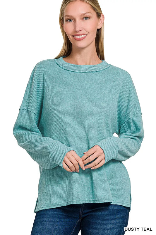 Zenana Brushed Ribbed Hacci Drop Shoulder Sweater - Tigbul's Variety Fashion Shop