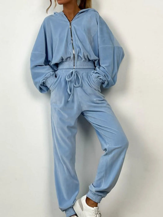 Zip Up Long Sleeve Top and Pants Set - Tigbul's Variety Fashion Shop
