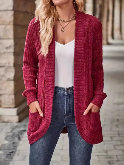 Ribbed Open Front Long Cardigan with Pockets - Tigbul's Variety Fashion Shop