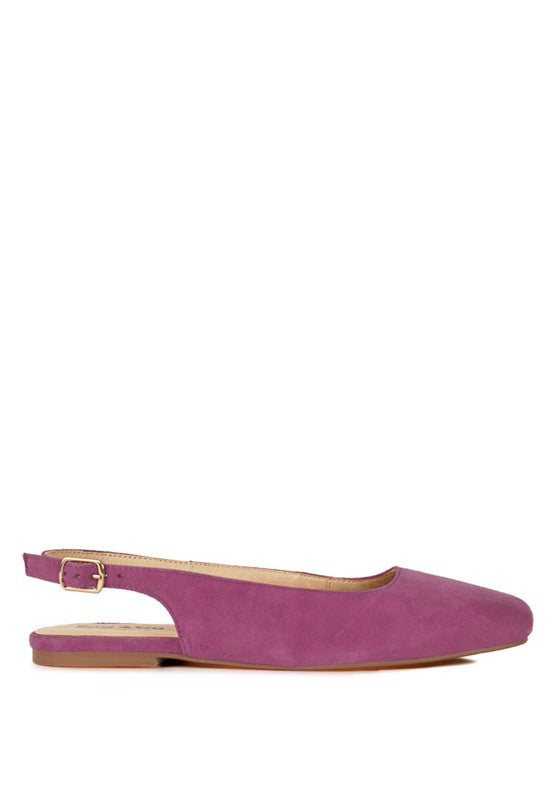 Fuchsia suede slingback flats, front view with low block heel and square toe