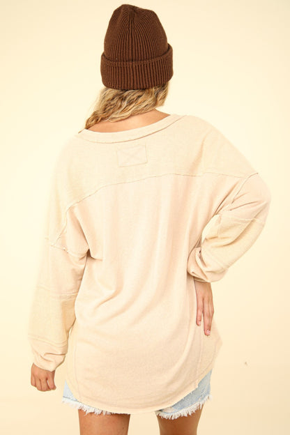 VERY J Washed V-Neck Exposed Seam Knit Top - Tigbul's Variety Fashion Shop