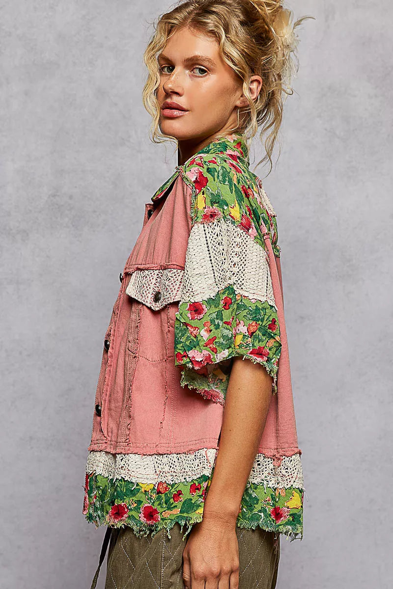 POL Lace Patch Floral Half Sleeve Shacket - Tigbul's Variety Fashion Shop