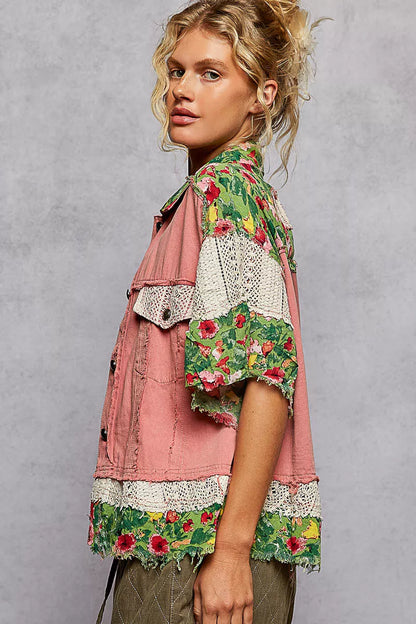 POL Lace Patch Floral Half Sleeve Shacket - Tigbul's Variety Fashion Shop