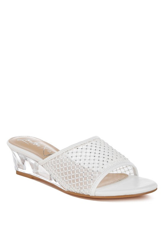White rhinestone mesh mule wedge sandal with clear block heel and open toe
