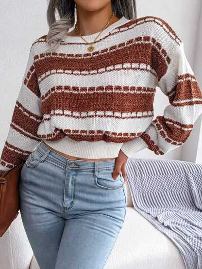 Color Block Round Neck Cropped Sweater - Tigbul's Variety Fashion Shop