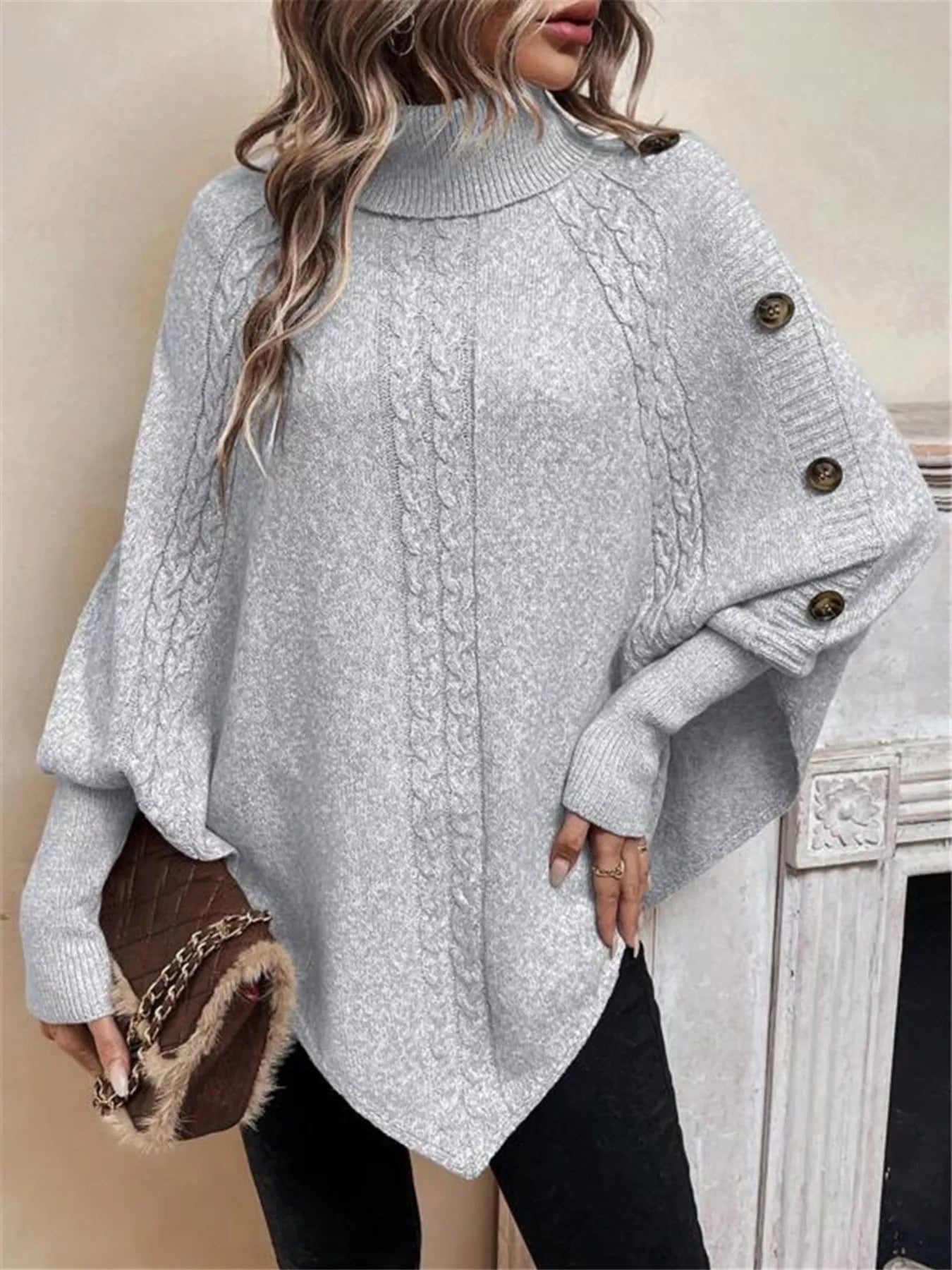 Cable Knit Turtleneck Cape Sweater - Tigbul's Variety Fashion Shop
