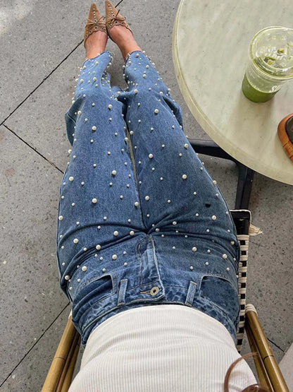 Pearl Embellished High Waist Straight Leg Jeans - Tigbul's Variety Fashion Shop