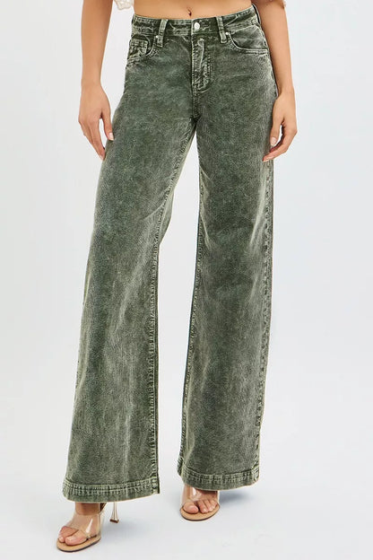 Green High Rise Wide Leg Corduroy Jeans Size 0 up to 3XL - Tigbul's Variety Fashion Shop