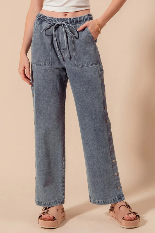SO ME Mid Rise Drawstring Jeans with Side Snap Button - Tigbul's Variety Fashion Shop