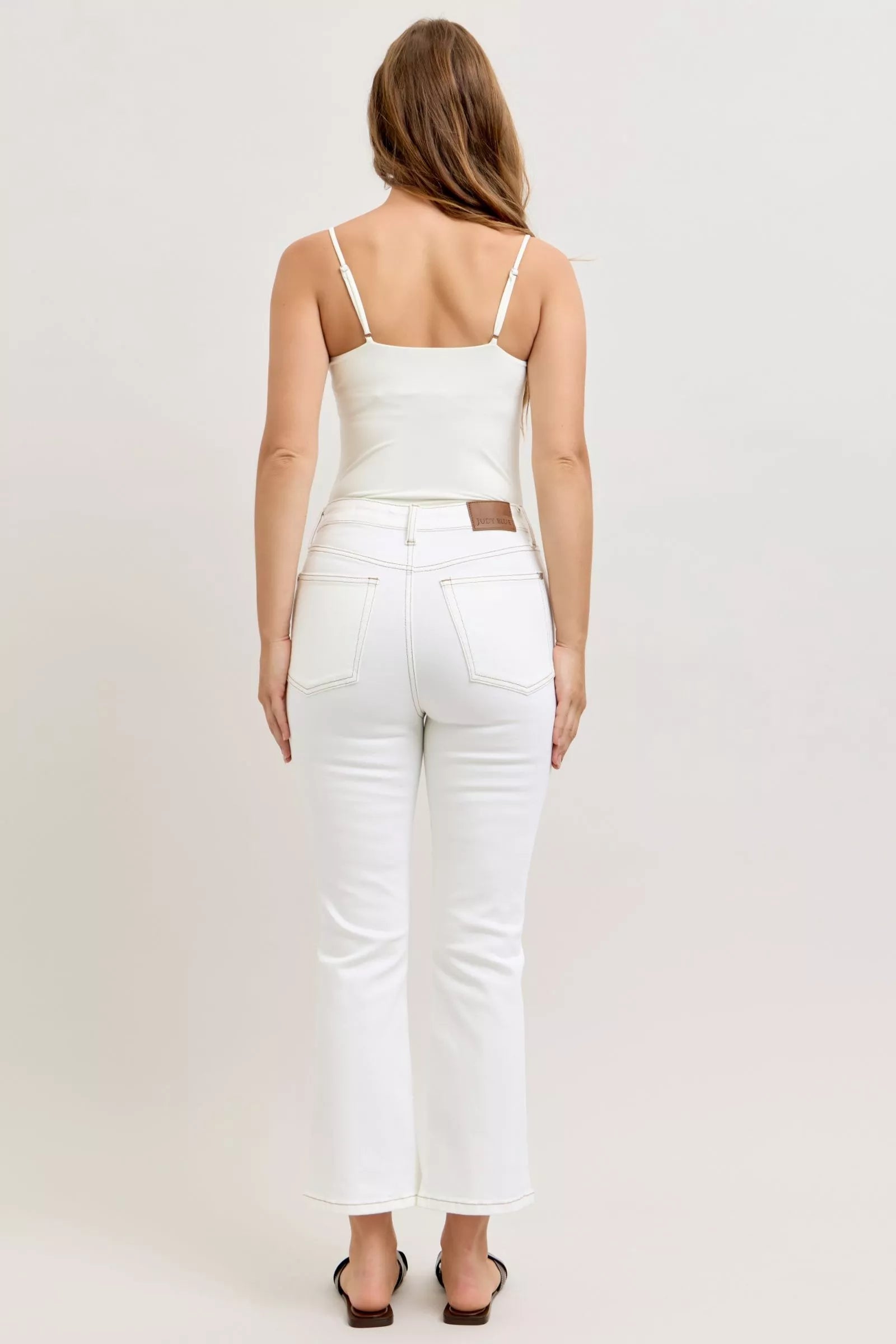 Judy Blue Contrast Stitching Cropped Flare White Jeans | Tigbuls