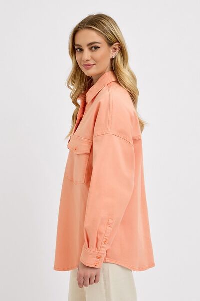 Pink Button Down Long Sleeve Denim Shacket | Tigbuls