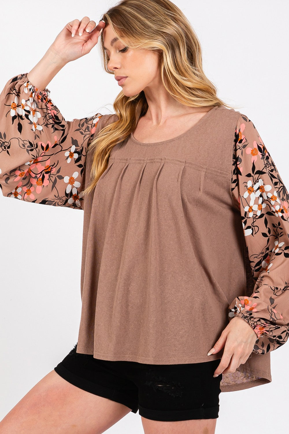 SAGE + FIG Floral Long Sleeve Front Pleated Detail Blouse - Tigbul's Variety Fashion Shop