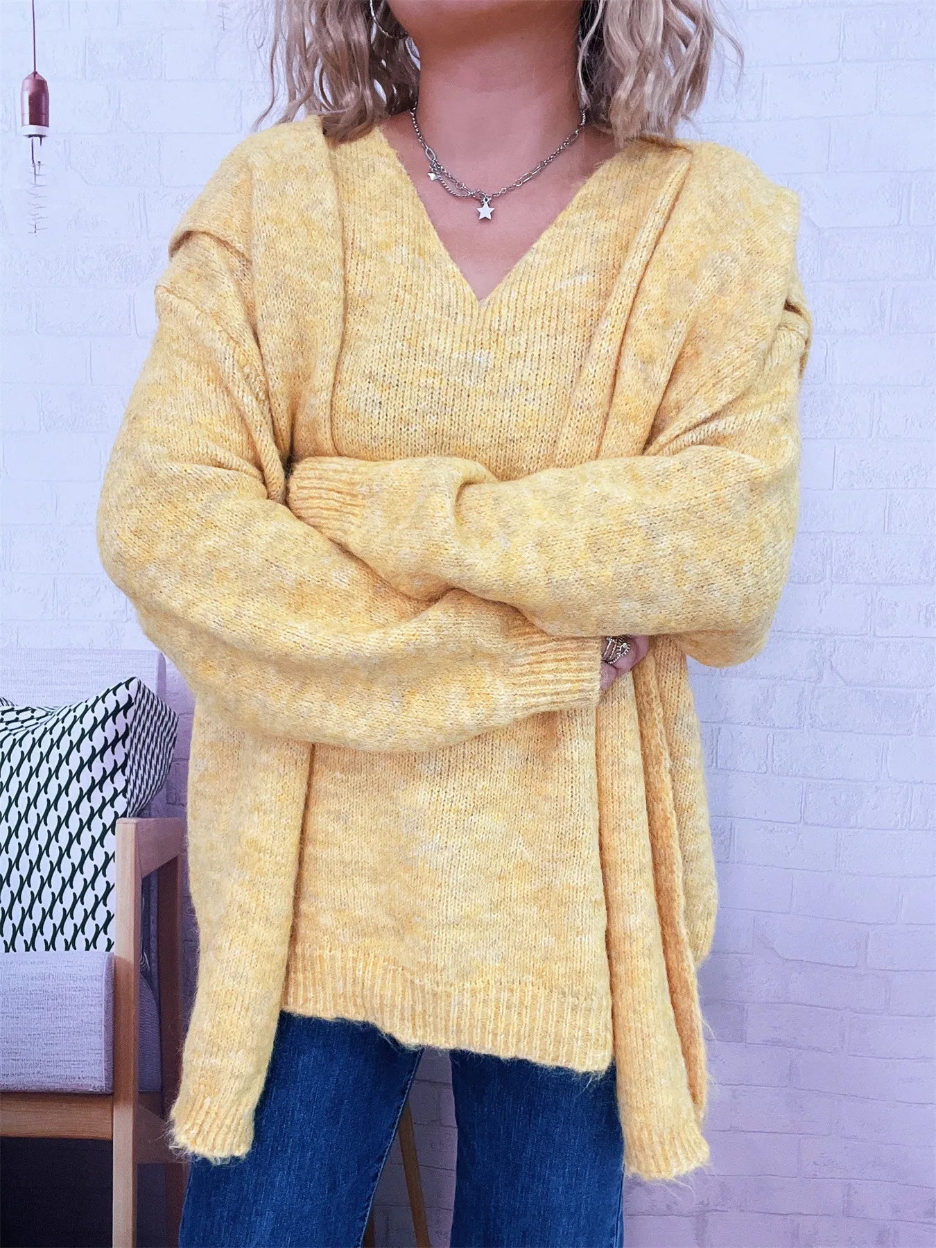 Ribbed Hem V-Neck Sweater with Shawl - Tigbul's Variety Fashion Shop