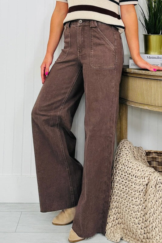 Dark brown loose jeans with five-button front, curved seams, patch pockets