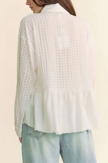 White Garment Washed Jacquard Button Front Shirt - Tigbul's Variety Fashion Shop