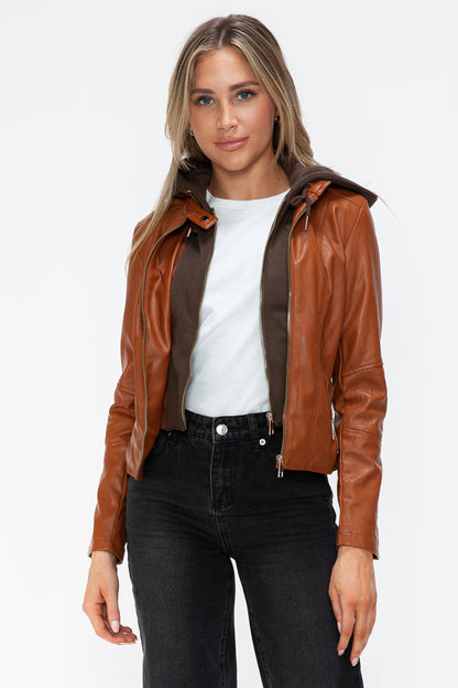 Faux Leather Zip Up Drawstring Hooded Jacket in Camel