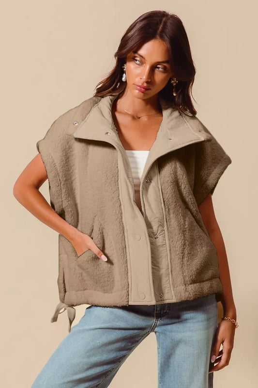Over Sized Soft Sherpa Fur Taupe Sleeveless Vest Jacket - Tigbul's Variety Fashion Shop