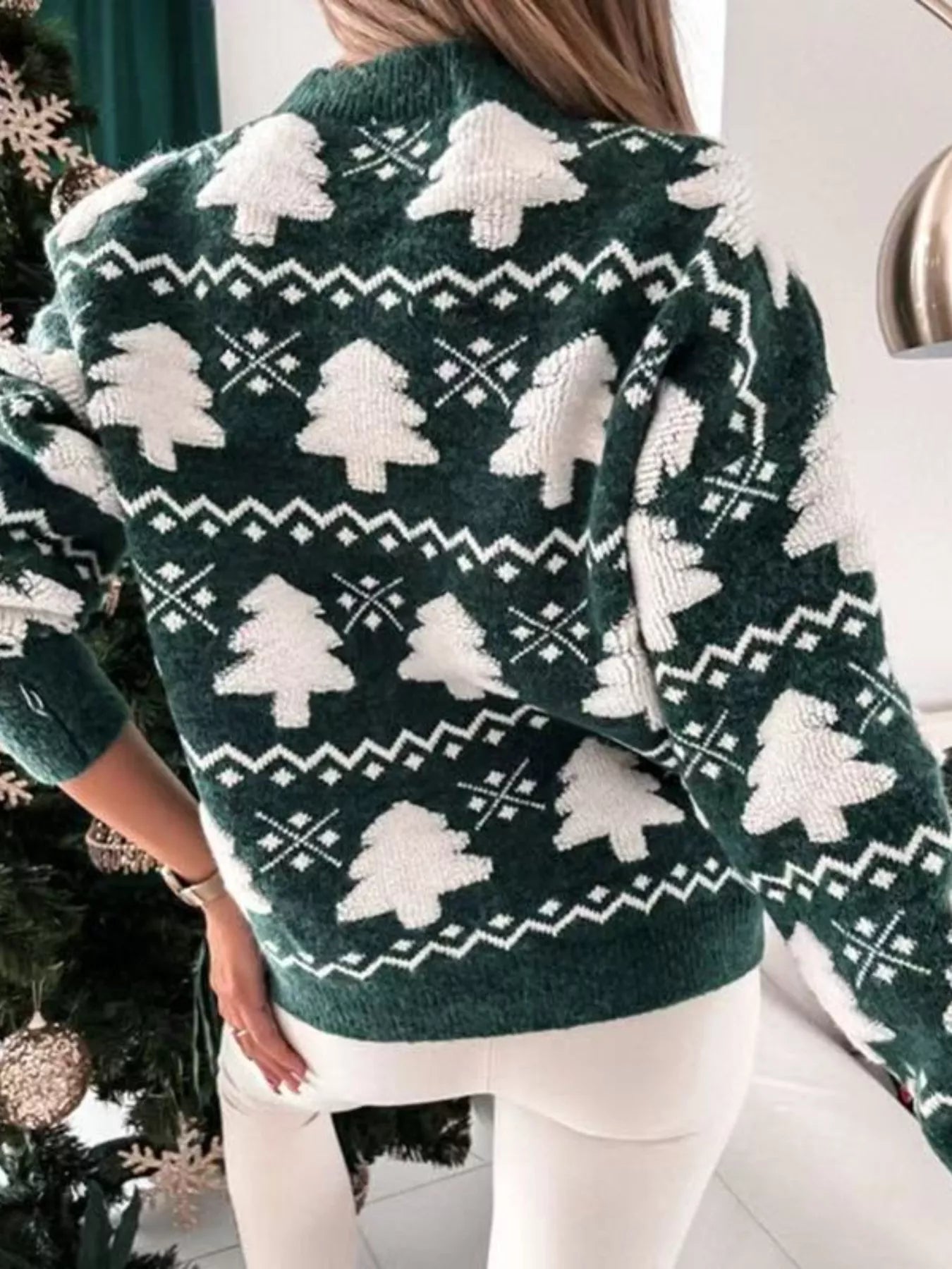 Christmas Tree Pattern Long Sleeve Sweater - Tigbul's Variety Fashion Shop