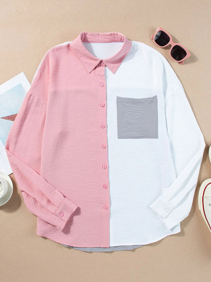 Color Block Oversized Button-Up Shirt with Chest Pocket - Tigbul's Variety Fashion Shop