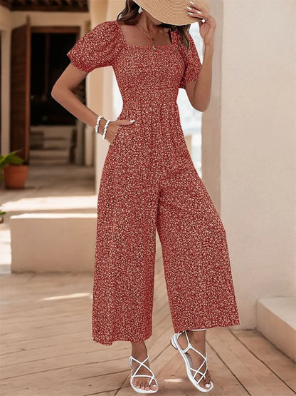 Printed Square Neck Puff Sleeve Jumpsuit - Tigbul's Variety Fashion Shop