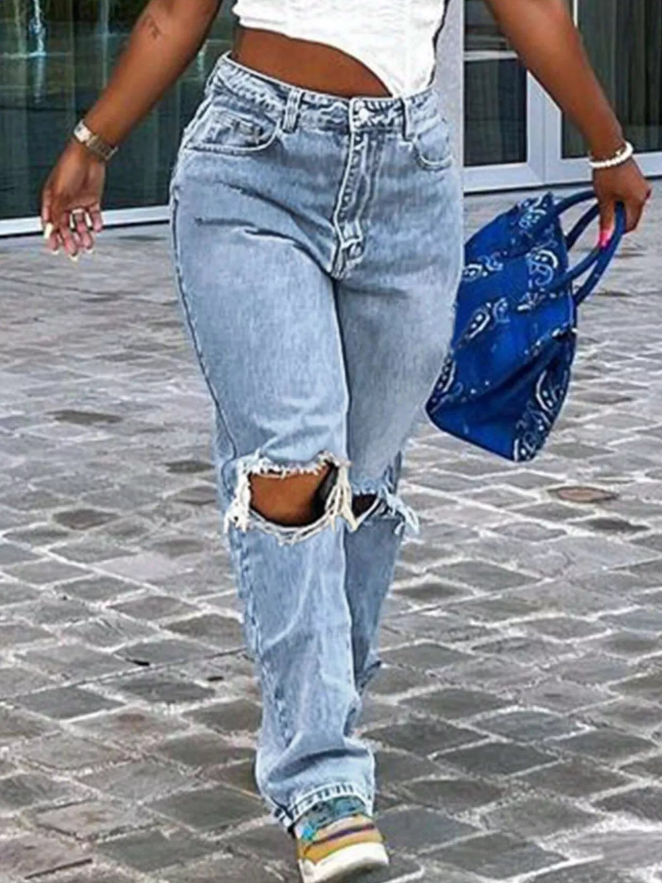 Distressed Torn at Knees High-Waisted Jeans | Tigbuls Variety Fashion