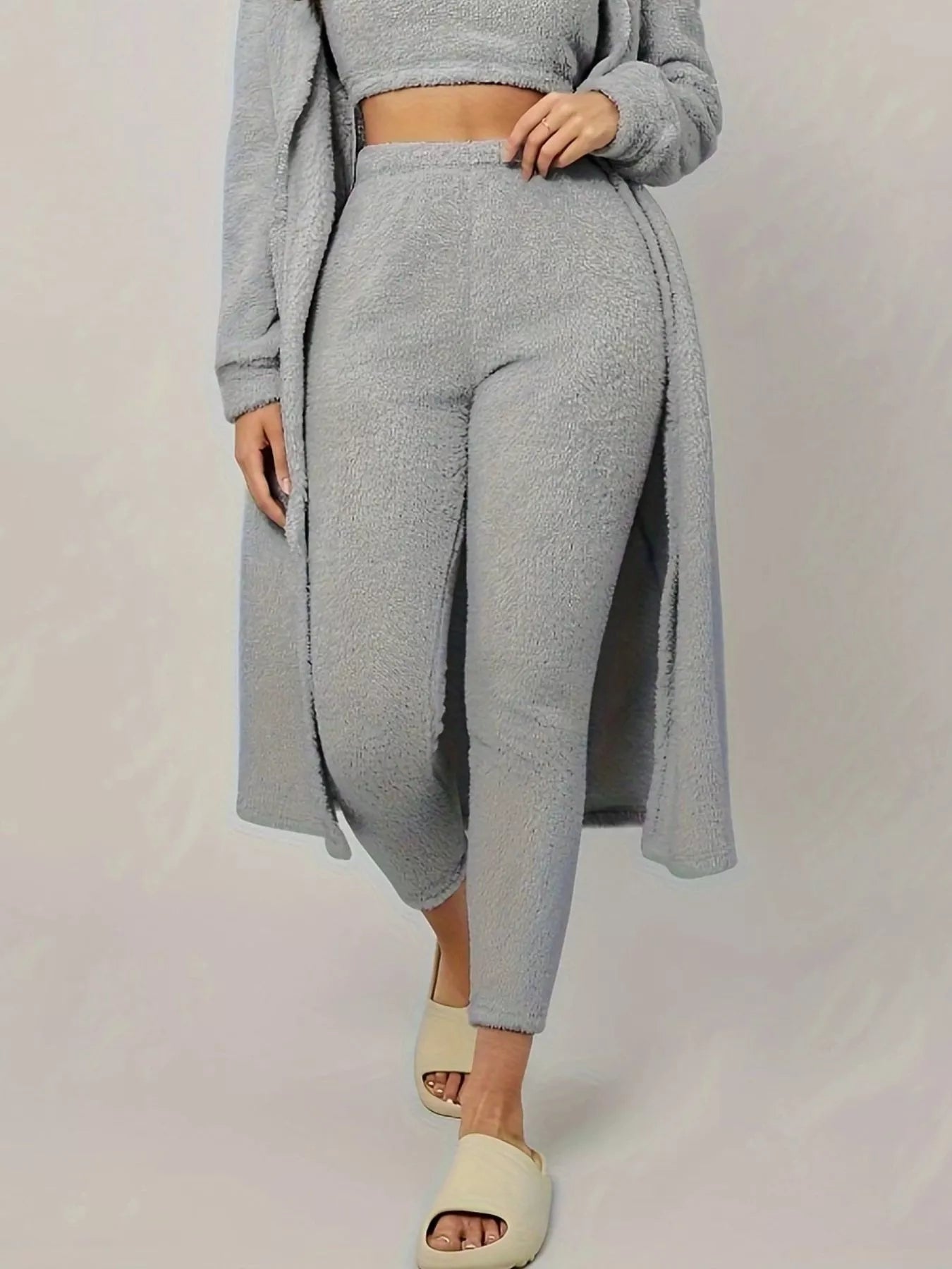 Fuzzy Tank Long Sleeve Cardigan and Pants 3-Piece Lounge Set - Tigbul's Variety Fashion Shop
