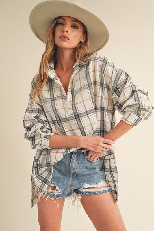 Aemi + Co Side Slit High-Low Plaid Long Sleeve Polo Shirt - Tigbul's Variety Fashion Shop