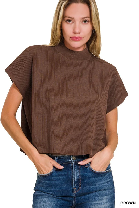 Zenana Viscose Mock Neck Short Sleeve Boxy Sweater - Tigbul's Variety Fashion Shop