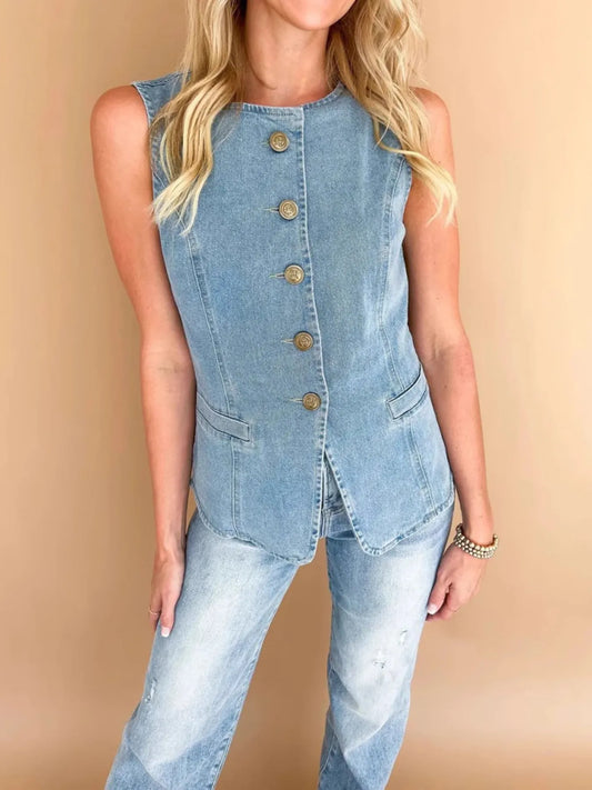 Sleeveless Button-Front Denim Vest - Tigbul's Variety Fashion Shop