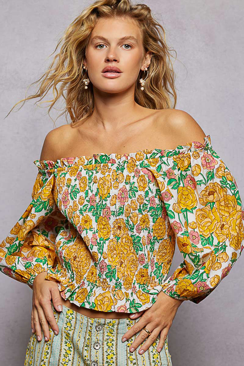 POL Floral Print Off-Shoulder Smocked Blouse | Tigbuls Variety