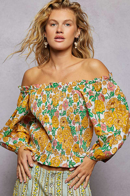 POL Floral Print Off-Shoulder Smocked Blouse | Tigbuls Variety