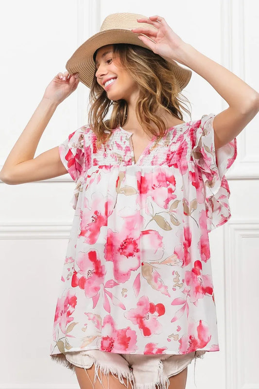 BiBi Floral Print Flutter Sheer Top - Tigbul's Variety Fashion Shop