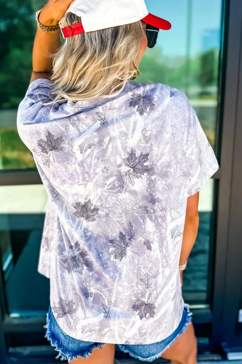 Back view tunic tee in light gray with woodland camouflage leaf print, short sleeves