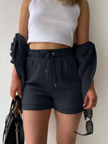 Textured Button Up Shirt and Shorts Set - Tigbul's Variety Fashion Shop