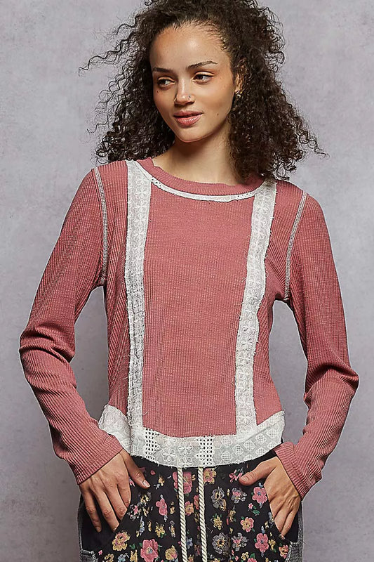 POL Contrast Round Neck Long Sleeve Ribbed Top with Eyelet Patch - Tigbul's Variety Fashion Shop