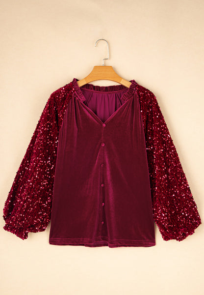 Sequin Notched Long Sleeve Blouse - Tigbul's Variety Fashion Shop