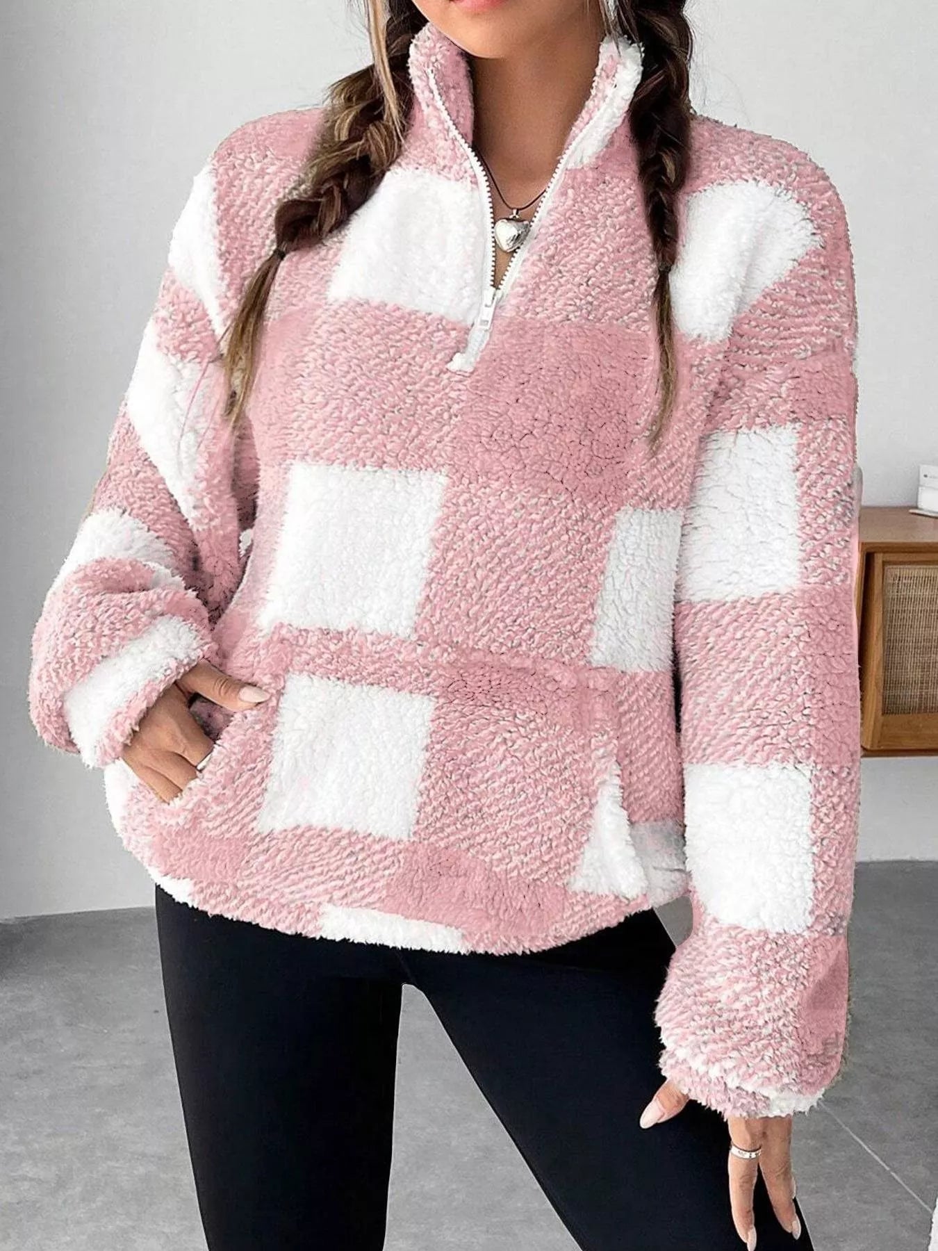 Full Size Plaid Sherpa Long Sleeve Sweatshirt Plus Size - Tigbul's Variety Fashion Shop