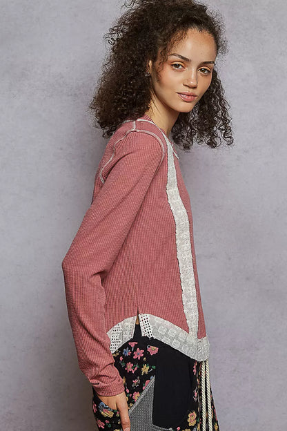 POL Contrast Round Neck Long Sleeve Ribbed Top with Eyelet Patch - Tigbul's Variety Fashion Shop